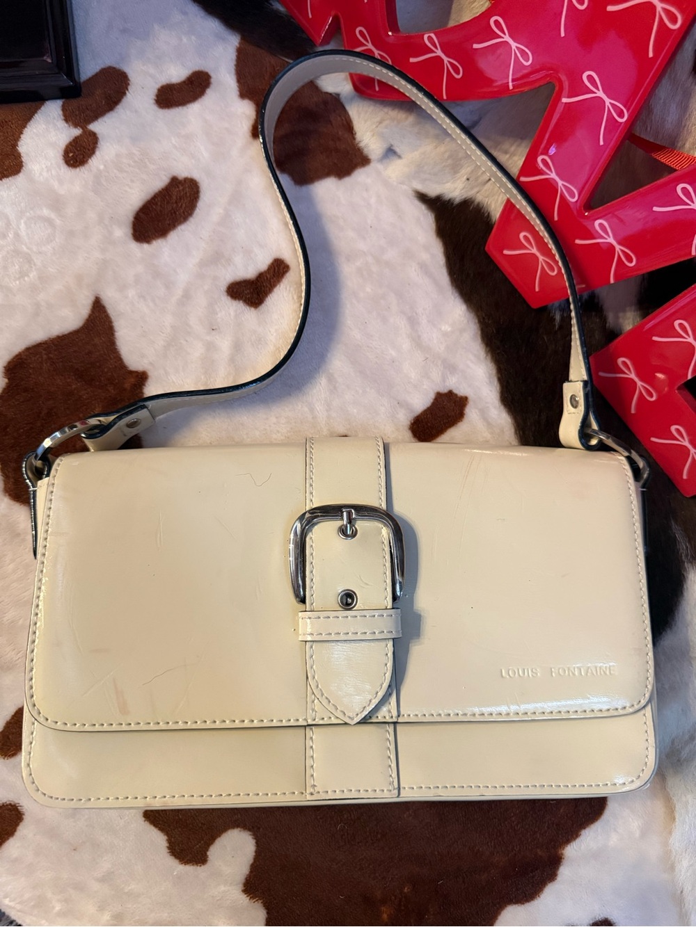 Cream Shoulder Bag with Buckle Accent